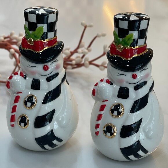MacKenzie-Childs Courtly Check Snowman Salt & Pepper Set – New in Keepsake Box - Picture 10 of 12